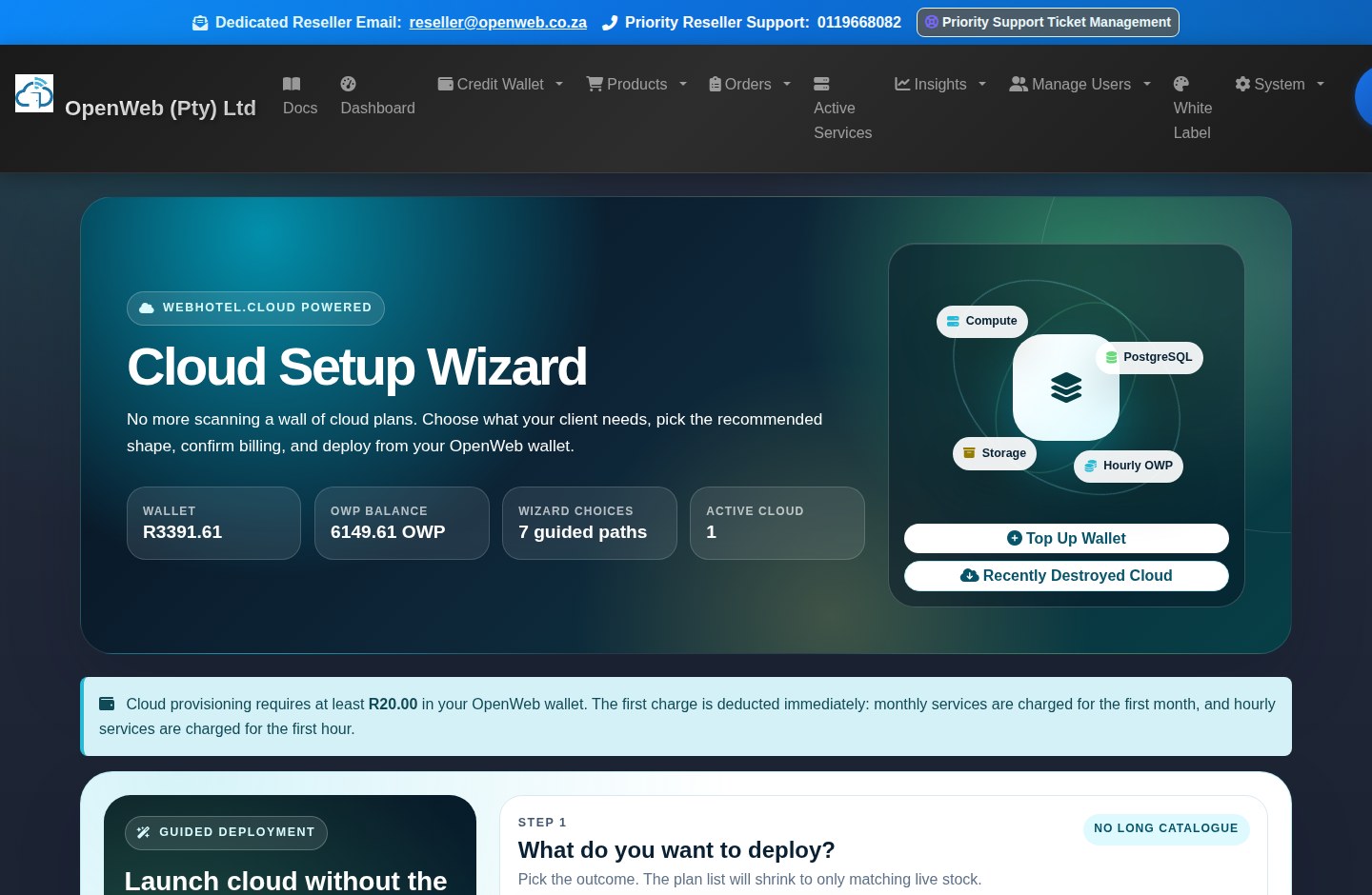 Current OpenWeb reseller panel screenshot: Cloud Setup Wizard