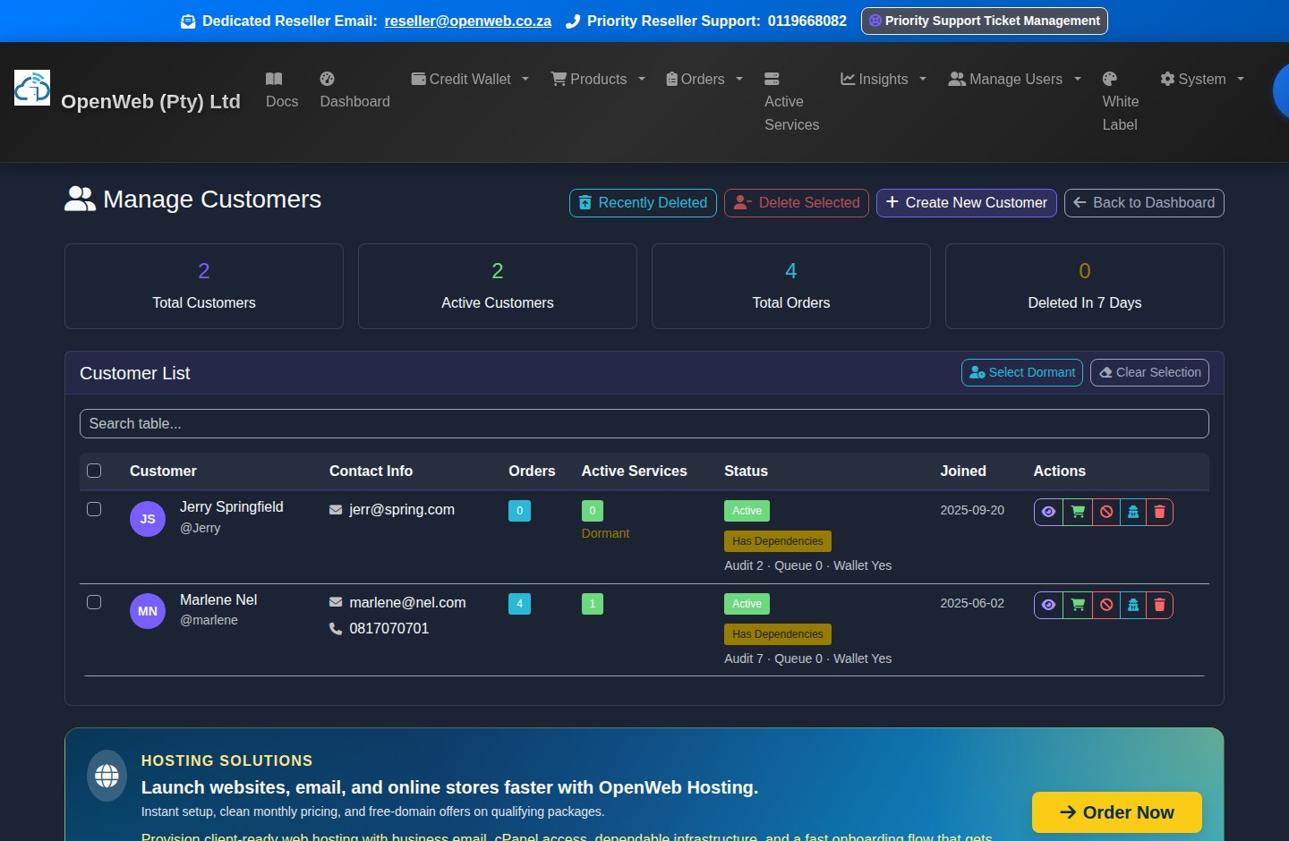 Current OpenWeb reseller panel screenshot: Customer management