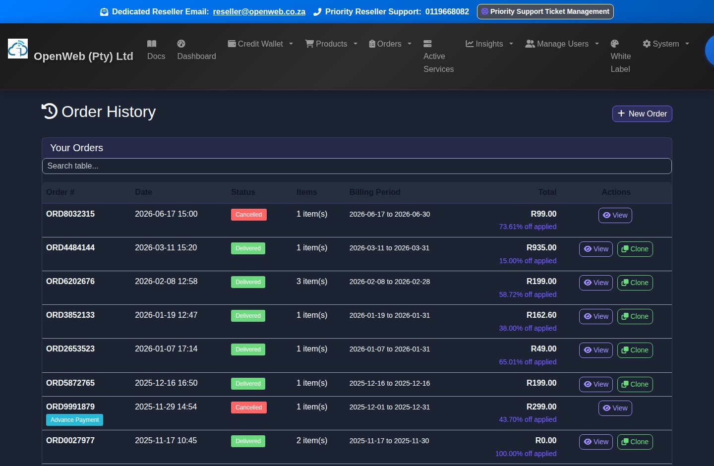 Current OpenWeb reseller panel screenshot: Order history