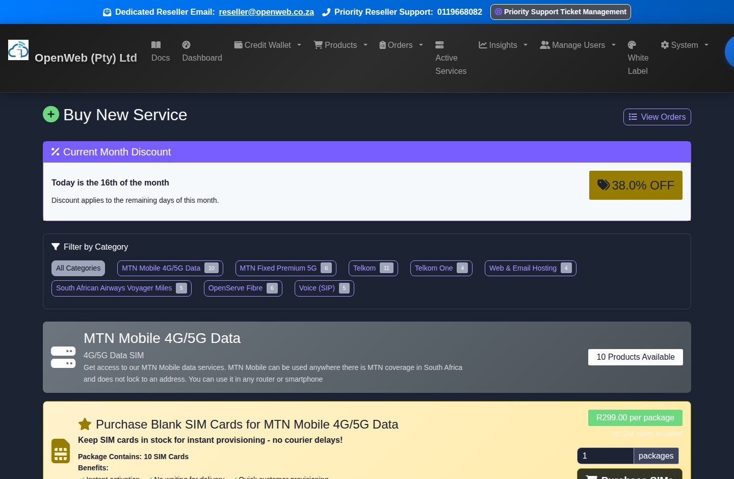 Current OpenWeb reseller panel screenshot: Product catalogue and create service
