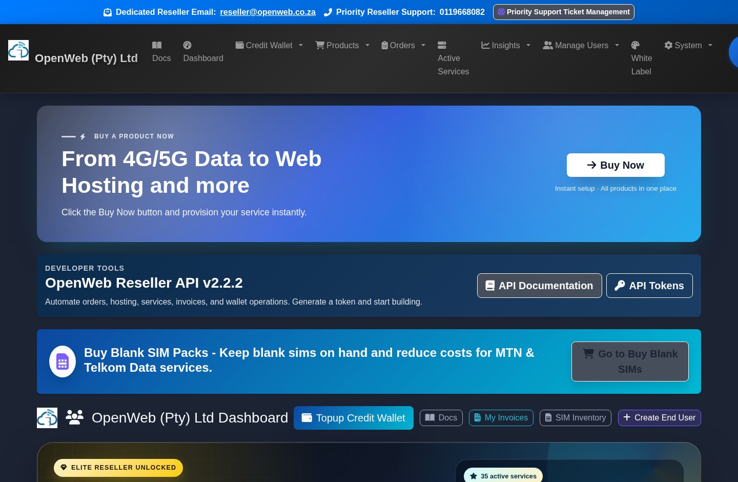 Current OpenWeb reseller panel screenshot: Reseller dashboard