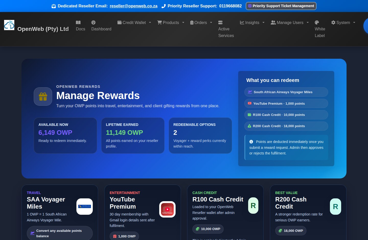 Current OpenWeb reseller panel screenshot: Rewards and Voyager wallet