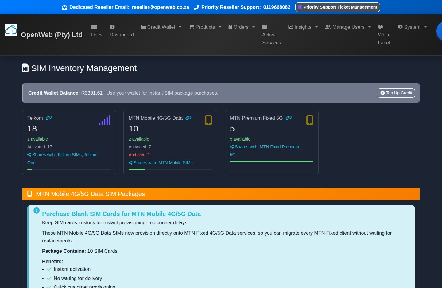 Current OpenWeb reseller panel screenshot: SIM inventory