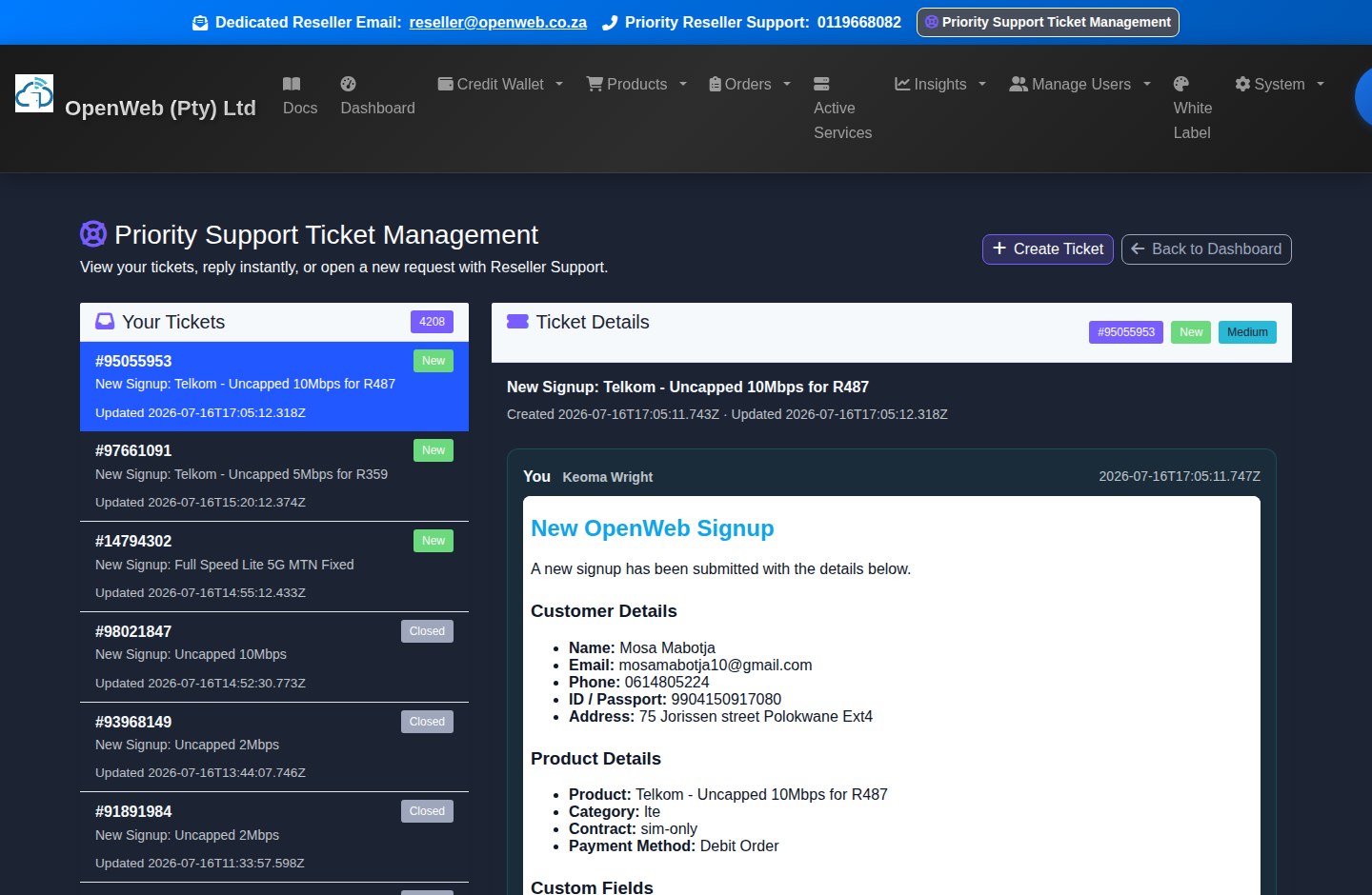 Current OpenWeb reseller panel screenshot: Support and legal centre